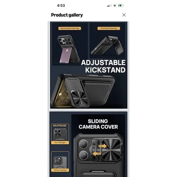 Iphone 16 Pro Case W Card Holder Kickstand Slide Camera Lens Cover 6.3" Blk - Picture 7 of 9